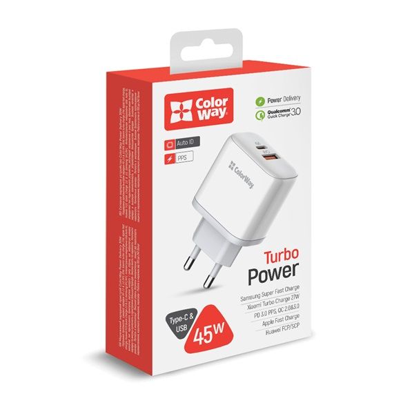 COLORWAY USB töltő adapter, Type-C PD + USB QC3.0, 45W, white (CW-CHS042PD-WT)