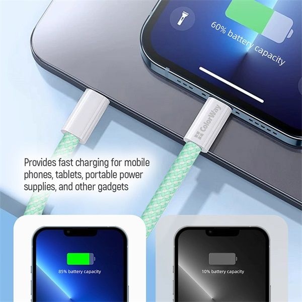 COLORWAY Kábel Type-C fonott pamut, PD Fast Charging 60W, 3,0A 1M zöld (CW-CBPDCC061-G)