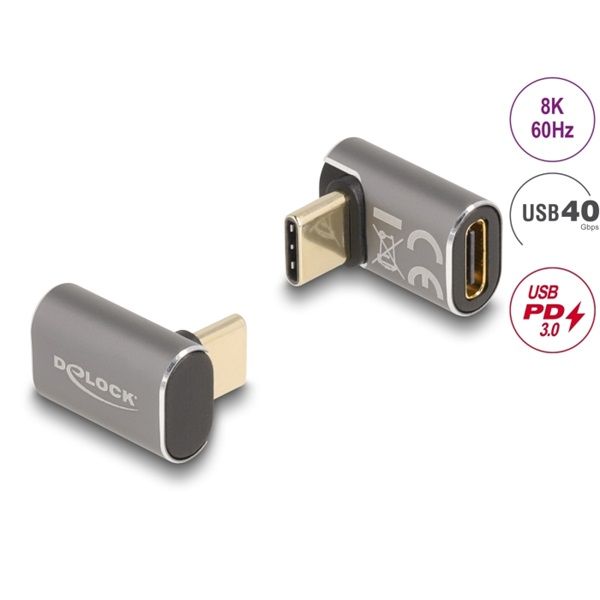 DELOCK Átalakító USB 40 Gbps Type-C male > female PD 3.0 100W 90 fokos 8K 60Hz fém (60054)