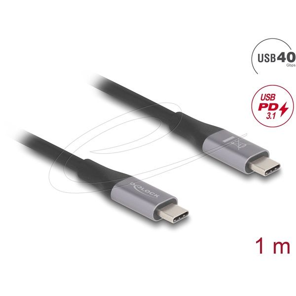 DELOCK kábel USB 40 Gbps Type-C male / male összekötő PD 3.1 240W E-Marker 1m szürke fém (81191)
