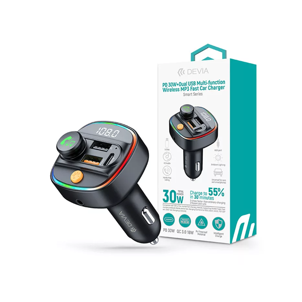 DEVIA Bluetooth FM-transmitter/autós gyorstöltő 30W PD+QC 2xUSB/AUX/MP3 (ST112513)