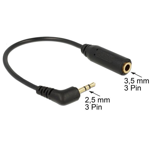 Delock jack 2.5 mm 3 tűs apa 90 fokos > jack 3.5 mm 3 tűs anya sztereó audió kábel (65672)