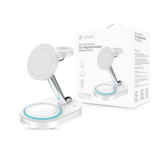 Devia Extreme Speed Series 15W Qi 3 In 1 vezeték nélküli töltő Smartphone/iWatch/Airpods - fehér (ST111844)
