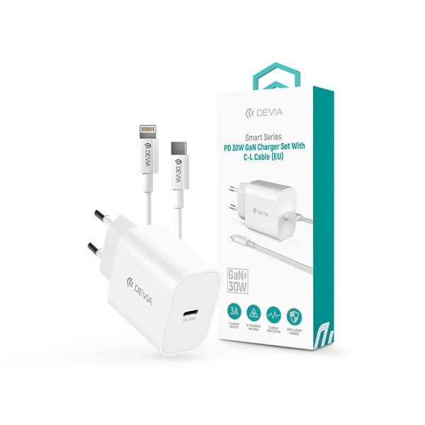 Devia Smart Series 30W GaN PD+QC hálózati gyorstöltő adapter + Type-C/Lightning kábel - fehér (ST109568)