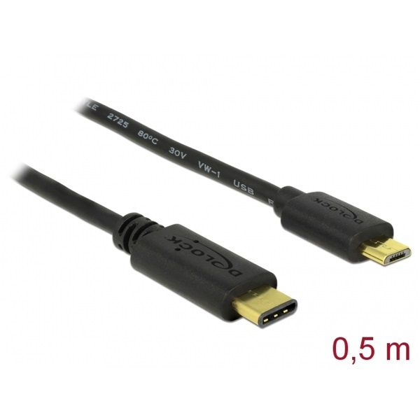 DELOCK kábel USB 2.0 Type-C male > USB 2.0 Type Micro-B male 0.5m fekete (83333)