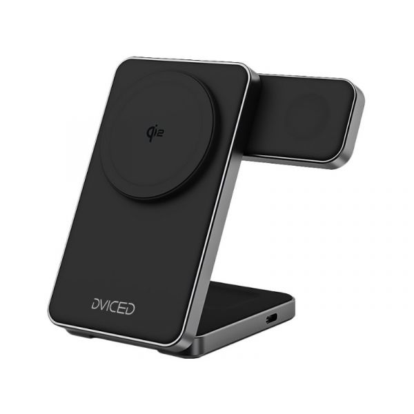 Dviced 3-in-1 Foldable Qi2 magnetic wireless charger stand w cable, wall charger, Black (DV230010)