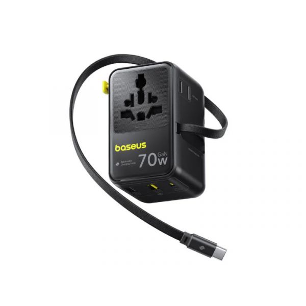 Baseus EnerCore CG11 töltőállomás, 70W, 1×AC + 2×USB Type-A + 1×USB Type-C + 1×USB Type-C automata behúzós kábel, fekete (E0307E00)