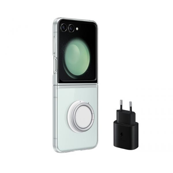 Samsung Galaxy Flip5 alapcsomag - átlátszó tok rögzítővel, fekete töltőfej (EF-XF73KKTEGWW)