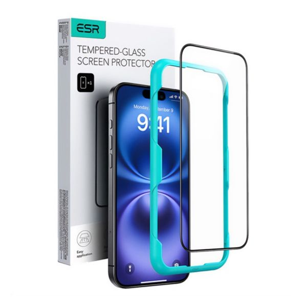 ESR képernyővédő üveg (2.5D, 0.33mm, 9H + segédkeret) FEKETE Iphone 16 (GP-164280)