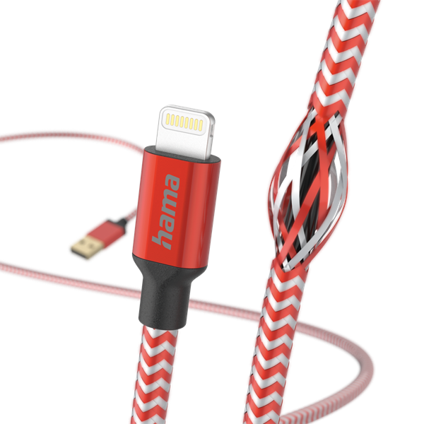 HAMA 201554, FIC E3 ADATKÁBEL LIGHTNING "REFLECTIVE" 1,5M, PIROS