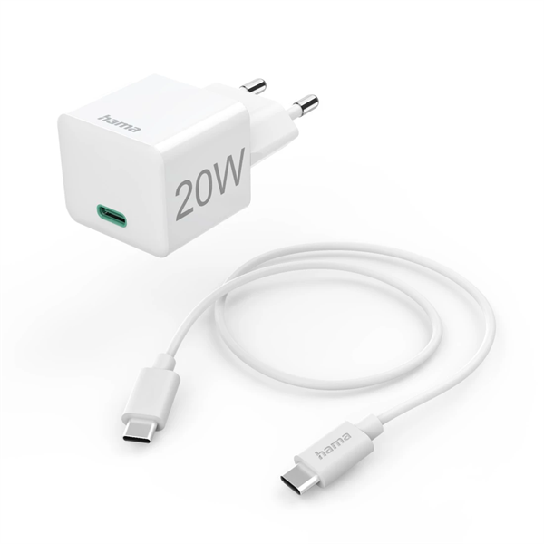 Hama FIC E3 Univerzális hálózati USB Type-C töltő mini, 1m töltőkábel, PD, QC, fehér, 20W (201675)