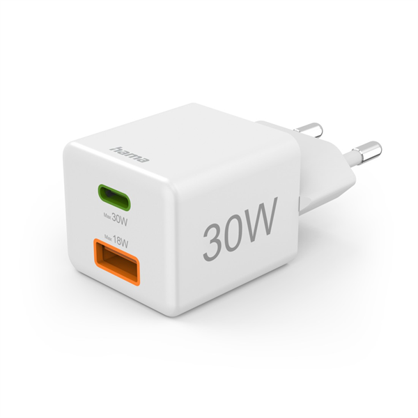 Hama Univerzális hálózati USB-A + Type-C mini töltő, PD QC, 30W, fehér (201992)