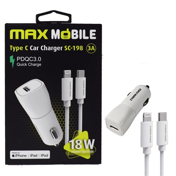 Max Mobile SC198 2in1 USB-C + Lightning Autós Töltő (3858892933824) Fehér