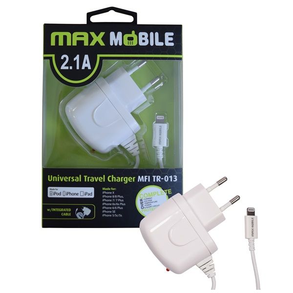 Max Mobile Hálózati Töltő Beépített Lightning Kábel 2.1A (3858891945217) Fehér