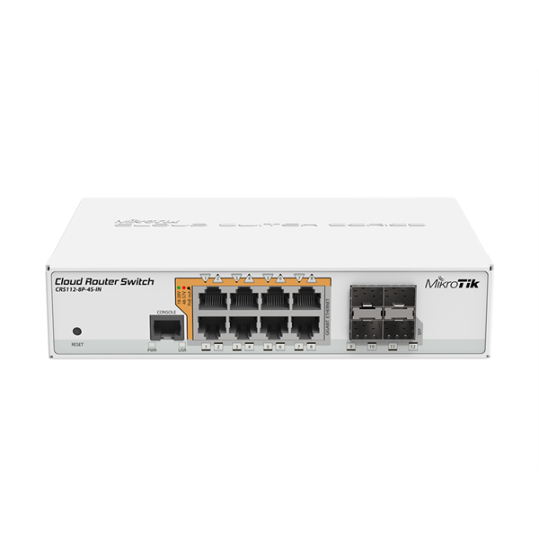 MIKROTIK Switch 8GbitLAN, PoE out (802.3af/at), 4SFP RouterOS L5, Desktop (CRS112-8P-4S-IN)