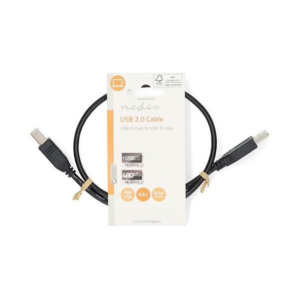 Nedis USB2.0, USB A - B kábel, 480Mbs, 10W, hossz 0,5m (CCGL60100BK05)