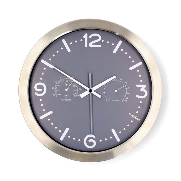 Nedis falióra, 30 cm átmérő, rozsdamentes acél, csendes szerkezet, hőmérő, páratartamom mérő (CLWA5226SS)