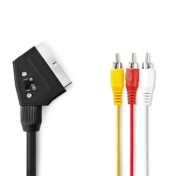 Nedis CVGP31130BK10 SCART kábel, 3x RCA férfi, Nikkelezett, Kapcsolható, 480p, 1,00 m, kerek, PVC, Fekete