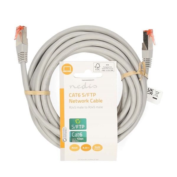 Nedis Cat6 patch kábel, szürke, aranyozott érintkezők, 10/100/1000 Mbit/s, hossz 5m, CCGL85220GY50