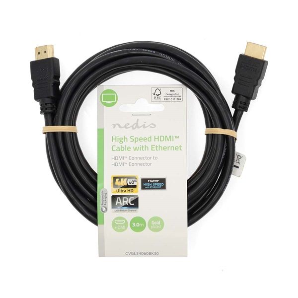 Nedis ultra HD HDMI kábel CVGL34060BK30, HDMI dugó - dugó, 4K@60Hz, ARC, 18 Gbps, aranyozott csatlakozók, hossz 3m