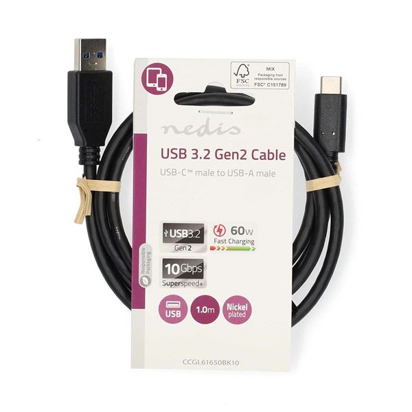 Nedis USB 3.2 Gen 1 adatkábel, USB-A dugó - USB-C dugó 60W, 10 Gbps, 1m (CCGL61650BK10)
