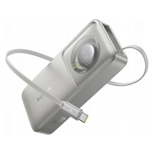 Baseus Free2Pull gyorstöltő powerbank 10000 mAh, 30W, beépített USB Type-C kábel, szürke (P10073701843-00)