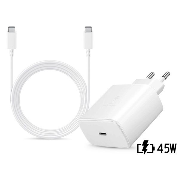 Samsung SAM-0955 45W gyári hálózati töltő adapter, USB Type-C + 1,8 m Type-C kábel, fehér