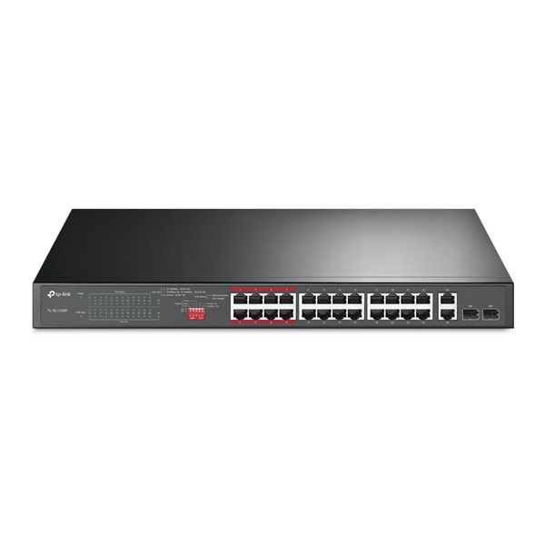 TP-LINK 24 POE+ portos, 2 GigabitLAN portos, 2 Gigabit kombó SFP slottos Switch (TL-SL1226P)