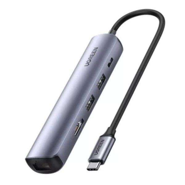 UGREEN CM418 HUB/adapter, USB-C, 2x USB, HDMI 4K 30Hz, RJ45 1Gbps, PD 100W (szürke)