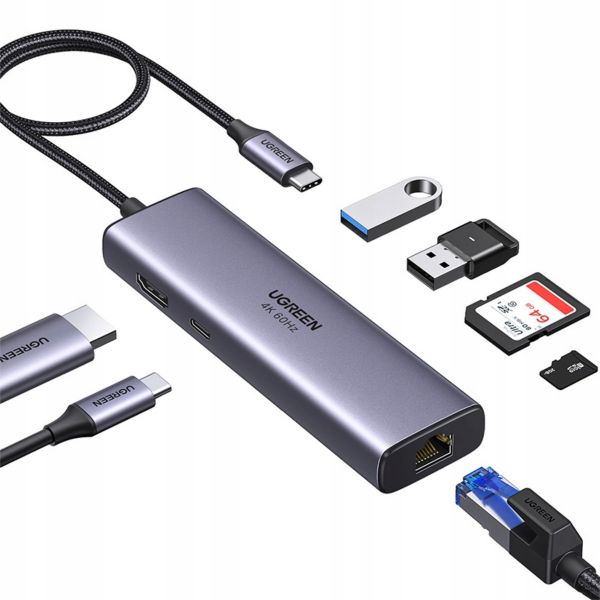 UGREEN CM512 6 az 1-ben USB-C adapter, HDMI 4K@60Hz, 2x USB, RJ45, 100 W, PD