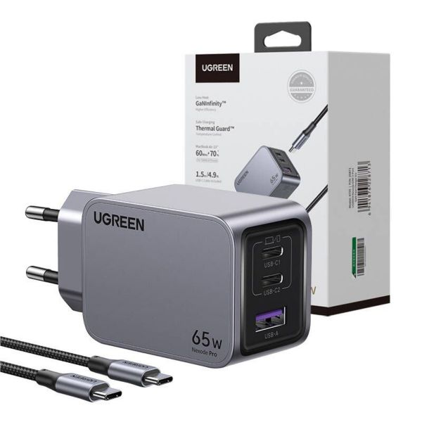 UGREEN Nexode Pro fali töltő, USB + 2x USB-C, 65W + USB-C kábel, 1.5m (fekete)