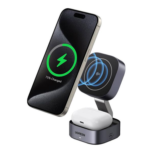 UGREEN W702 Qi 2 az 1-ben vezeték nélküli Iphone/AirPods töltő, 15W (szürke)