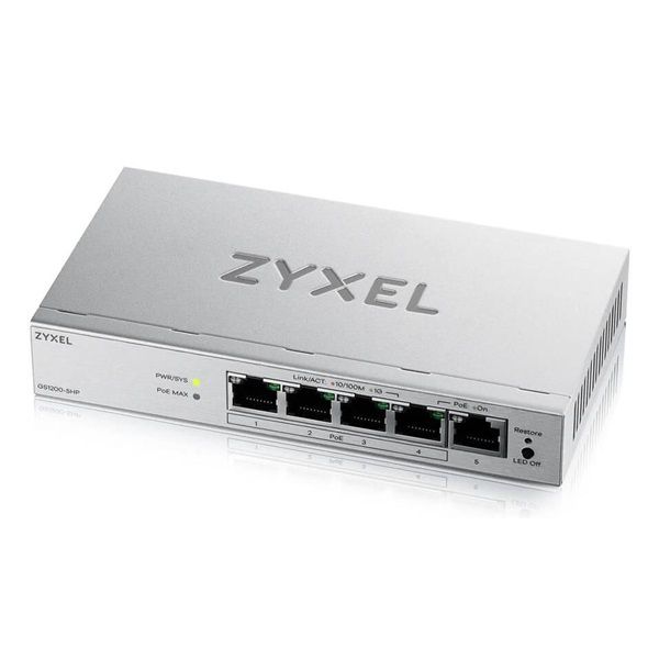 ZYXEL Switch 5x1000Mbps (4xPOE+), Fémházas Asztali (GS1200-5HPV3-EU0101F)