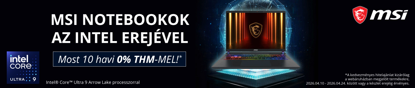 MSI notebookok az Intel erejével, most 10 havi 0% THM-mel. Az ajánlat 2026.04.10. és 2026.04.24. között vagy a készlet erejéig érvényes.