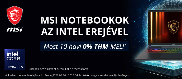 MSI notebookok az Intel erejével, most 10 havi 0% THM-mel. Az ajánlat 2026.04.10. és 2026.04.24. között vagy a készlet erejéig érvényes. MSI notebookok az Intel erejével, most 10 havi 0% THM-mel. Az ajánlat 2026.04.10. és 2026.04.24. között vagy a készlet erejéig érvényes.