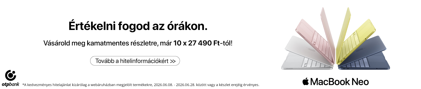 Apple MacBook Neo promóciós banner OTP Bank finanszírozással: Értékelni fogod az órákon. Vásárold meg kamatmentes részletre, már 10 x 27 490 Ft-tól. A képen több színben elérhető MacBook Neo modellek láthatók. Az ajánlat 2026.06.08. és 2026.06.28. között vagy a készlet erejéig érvényes.
