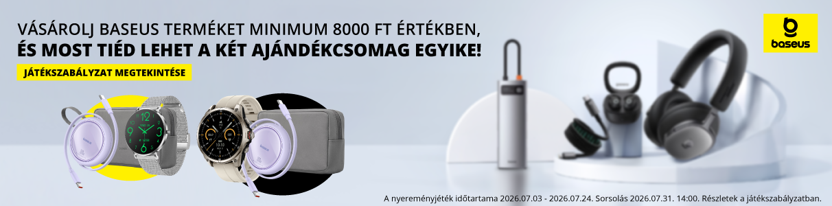 A nyereményjéték időtartama 2026.07.03 - 2026.07.24. 13:00. Sorsolás 2026.07.31. 14:00. Játékszabályzat:https://www.notebook.hu/media/wysiwyg/Notebook%20Baseus%2007.03.pdf.